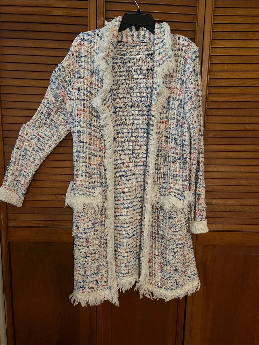 ESQUALO Cream Multi Frayed Open-Front Cardigan